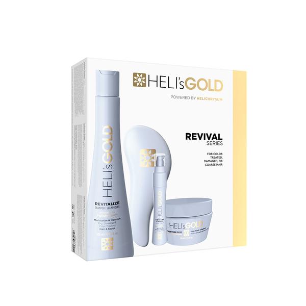 Kit de Ingrijire pentru Parul Uscat, Deteriorat sau Vopsit - Heli&#039;s Gold Revival Series Intro Kit: Sampon Revitalize 300 ml, Masca Restructure 100 ml, Ser Crystal Cream 30 ml, 1 Perie Tangle-Free