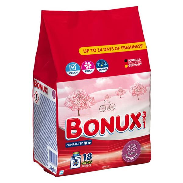 Detergent Automat Pudra 3 in 1 cu Parfum de Magnolie pentru Rufe Colorate - Bonux 3 in 1 Colors Powder Pure Magnolia, 1170 g