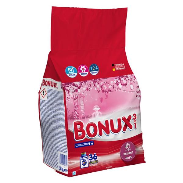 Detergent Automat Pudra 3 in 1 cu Parfum de Trandafir pentru Rufe Colorate - Bonux 3 in 1 Colors Powder Radiant Rose, 2340 g