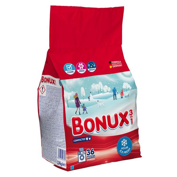 Detergent Automat Pudra 3 in 1 Parfum Proaspat de Iarna pentru Rufe Albe - Bonux 3 in 1 Whites Powder Polar Ice Fresh, 2340 g