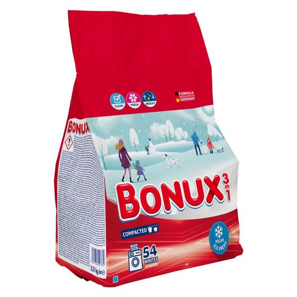 Detergent Automat Pudra 3 in 1 Parfum Proaspat de Iarna pentru Rufe Albe - Bonux 3 in 1 Whites Powder Polar Ice Fresh, 3510 g