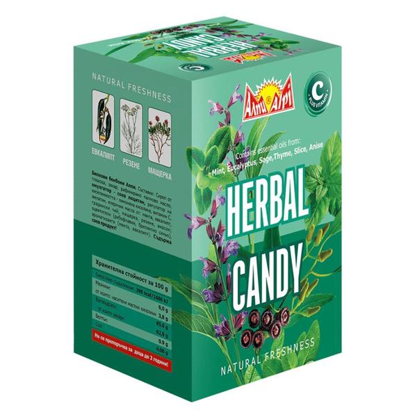 Bomboane cu Uleiuri Esentiale de Menta, Eucalipt, Salvie, Cimbru si Anason - Alpi Herbal Candy, 100 buc