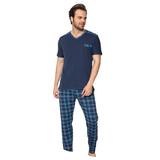 Pijamale barbati, bumbac, pantaloni lungi, bluza maneca scurta, Bleumarin, XL