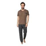 Pijamale barbati, material bumbac, pantalon lung, bluza maneca scurta cu buzunar la piept, Maro, XL