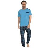 Pijamale barbati, material bumbac, pantalon lung, bluza maneca scurta cu buzunar la piept, Albastru, XL