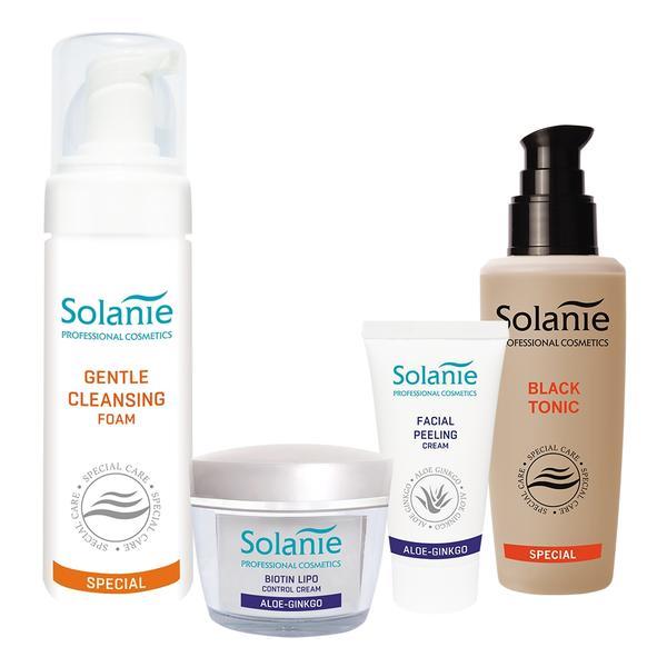 Set pentru ten gras, Solanie ( Spuma demachianta 200 ml + Lotiune 125 ml + Crema 50 ml + Crema exfolianta 50 ml )