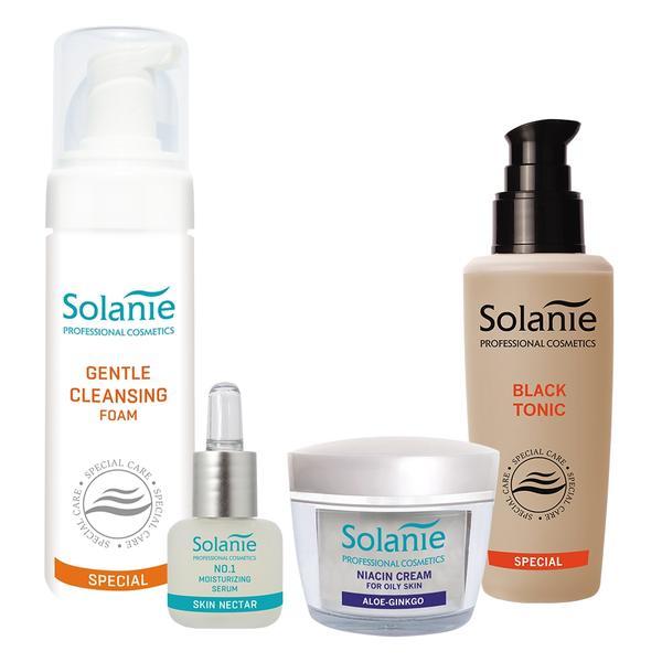 Set pentru ten gras, seboreic, uscat - Solanie ( Spuma demachianta 200 ml + Lotiune tonica 125 ml + Crema 50 ml + Ser )