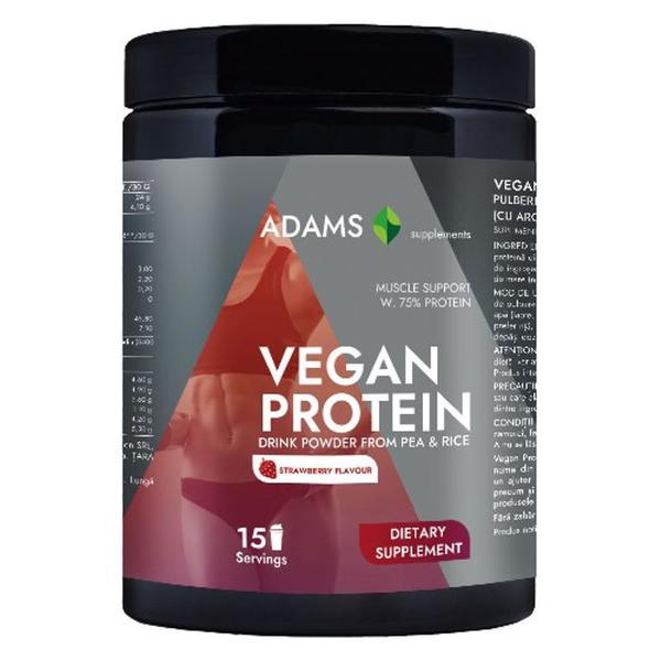 Pudra Proteica cu Gust de Capsuni - Adams Supplements Vegan Protein Strawberry Flavour, 454 g