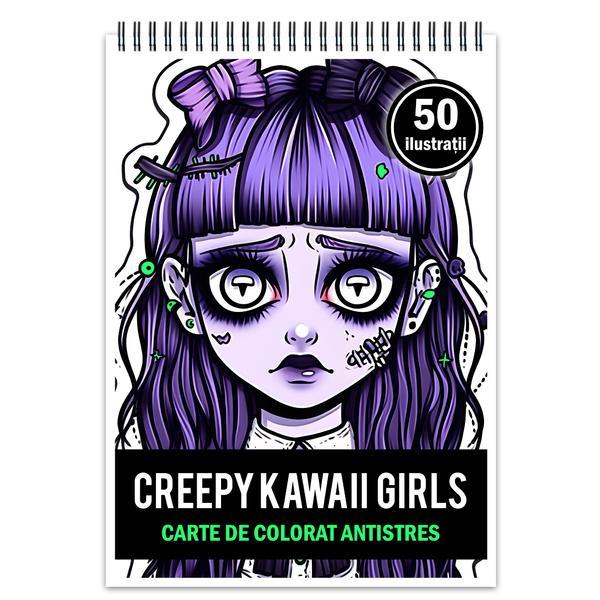 Carte de colorat pentru relaxare si antistres, 50 de ilustratii, Creepy Kawaii Girls, Editura Legendary Print, 106 pagini