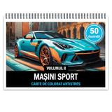 Carte de colorat pentru relaxare si antistres, 50 de ilustratii, Masini sport - Volumul II, 106 pagini