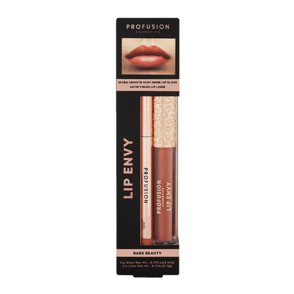 Set Luciu de Buze Ultra Neted si Lucios & Creion pentru Buze cu Finish Satinat - Profusion Cosmetics Lip Envy Bare Beauty, 1 pachet