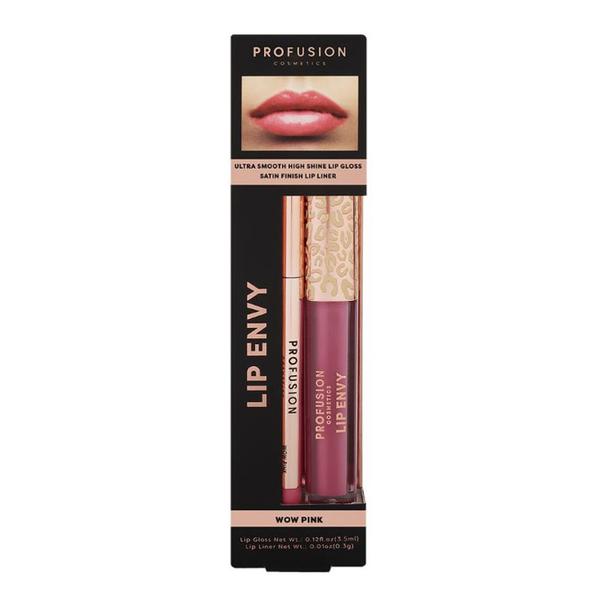 Set Luciu de Buze Ultra Neted si Lucios & Creion pentru Buze cu Finish Satinat - Profusion Cosmetics Lip Envy Wow Pink, 1 pachet