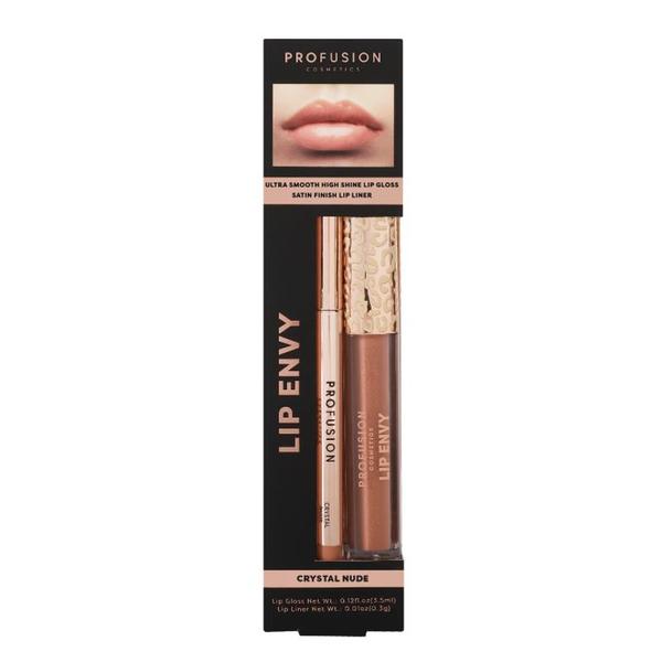 Set Luciu de Buze Ultra Neted si Lucios & Creion pentru Buze cu Finish Satinat - Profusion Cosmetics Lip Envy Crystal Nude, 1 pachet