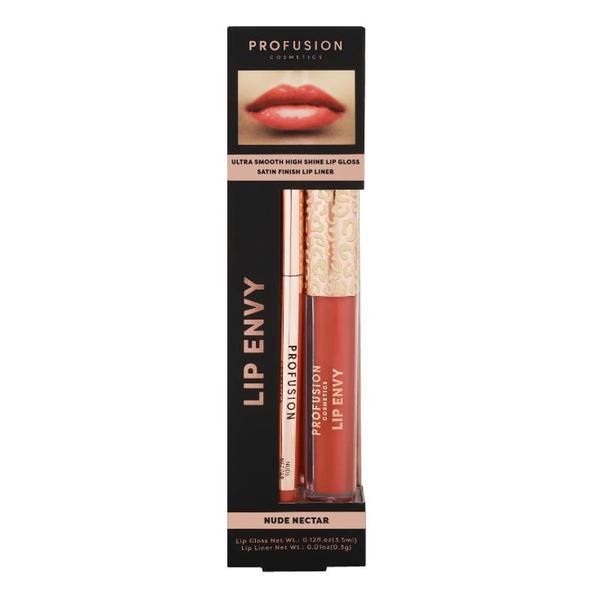 Set Luciu de Buze Ultra Neted si Lucios & Creion pentru Buze cu Finish Satinat - Profusion Cosmetics Lip Envy Nude Nectar, 1 pachet