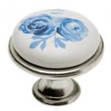 Buton pentru mobilier cu insertie ceramica floare albastra, finisaj argint antichizat GT, D:26.5 mm