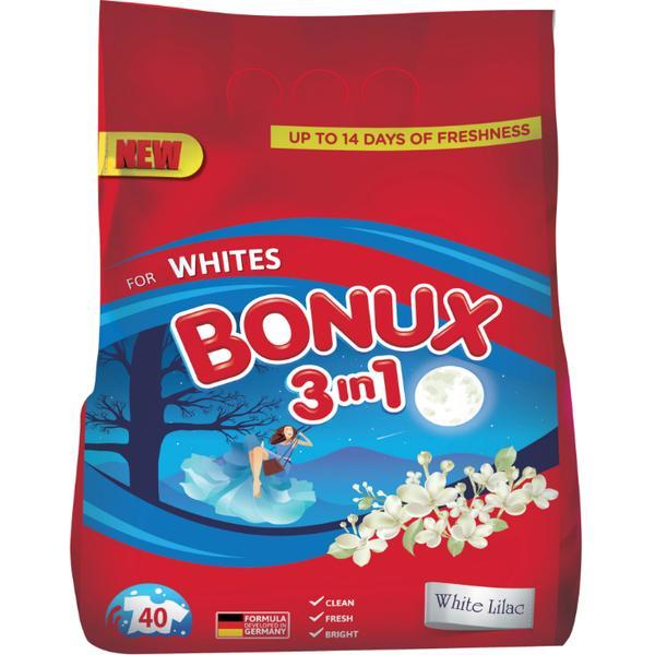 SHORT LIFE - Detergent Automat Pudra 3 in 1 cu Aroma de Liliac pentru Rufe Albe - Bonux 3 in 1 for Whites White Lilac, 4000 g