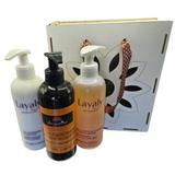 Set cutie lemn Lotiune de corp Layaly 400 ml, Gel de dus Layaly 400 ml, Sapun lichid cu ulei de argan Arganine 400 ml