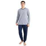 Pijamale barbati, bumbac, pantalon lung, maneca lunga, carouri, Albastru, 2XL