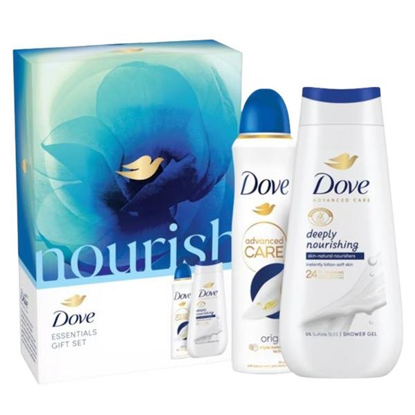 Set Cadou Dove Nourish Essentials Gift Set - Gel de Dus Advanced Care Deeply Nourishing Shower Gel, 225 ml + Deodorant Spray Advanced Care Original Anti-Perspirant, 150 ml