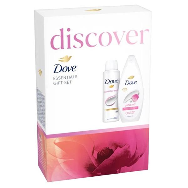 Set Cadou Dove Discover Essentials Gift Set - Gel de Dus Petal Soft Shower Gel, 250 ml + Deodorant Spray Powder Soft Anti-Perspirant, 150 ml