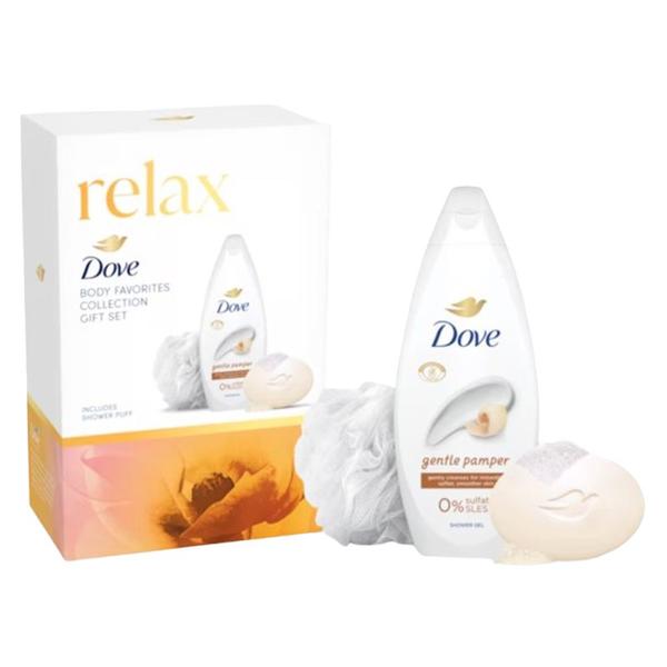 Set Cadou Dove Relax Body Favorites Collection Gift Set - Gel de Dus Gentle Pamper Shower Gel, 250 ml + Sapun Solid Nourishing Beauty Cream Bar, 90 g + Shower Puff