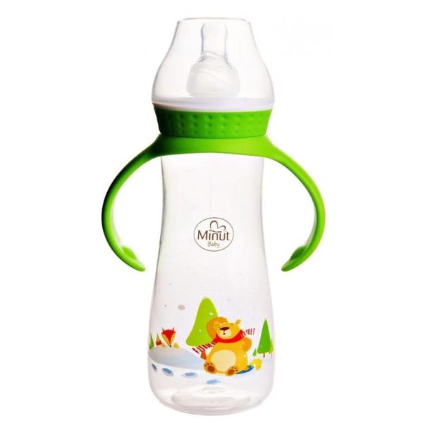 Biberon "Ursul Pacalit de Vulpe" cu Tetina de Silicon Rotunda si Manere - Minut Baby, 3+, 250 ml