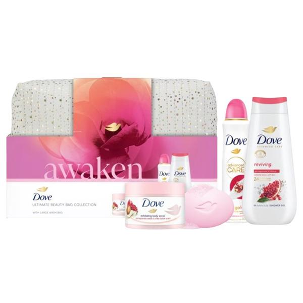 Set Cadou Dove Awaken Ultimate Beaty - Gel de Dus Advanced Care Reviving, 225 ml + Deodorant Spray Advanced Care Pomegranate, 150 ml + Scrub Pomegranate Seeds & Shea, 225 ml + Sapun Crema Pink, 90 g