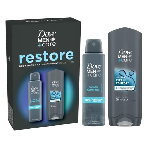 Set Cadou Dove Men +Care Restore Collection - Gel de Dus Hydrating Clean Comfort Body, Face & Hair Wash, 250 ml + Deodorant Spray Clean Comfort 48h Protection+Comfort, 150 ml