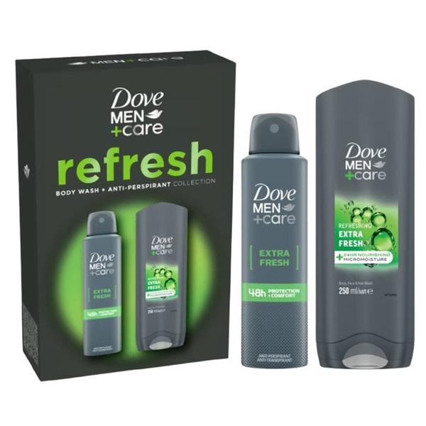 Set Cadou Dove Men +Care Refresh Collection - Gel de Dus Refreshing Extra Fresh Body, Face & Hair Wash, 250 ml + Deodorant Spray Extra Fresh 48h Protection+Comfort, 150 m