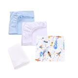 Set 3 cearsafuri bleu alb si model rachete si planete + protectie impermeabila patut 90x40 50 cm