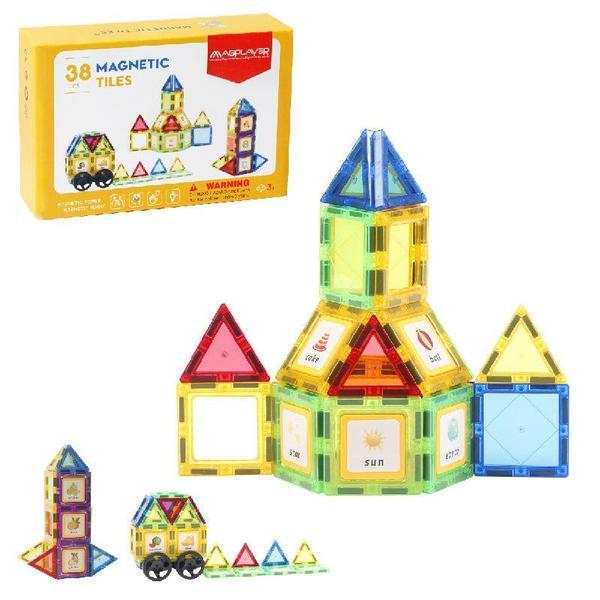 Set de Constructie Magnetic Tiles 3D, jucarii educationale, Elemente Magnetice, diferite variante, 38 piese