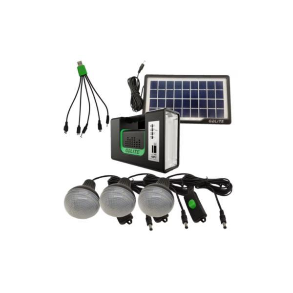 Kit solar GD-Lite 10, dotat cu dispozitive USB cu 3 becuri LED + acumulator de mare capacitate + Radio, negru