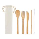 Set 5 tacamuri de calatorie din bambus, Piksel, natur, reutilizabil, ecologic, saculet inclus