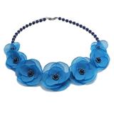 Colier elegant cu perle si flori, culoarea albastru, Blue Sky, Zia Fashion
