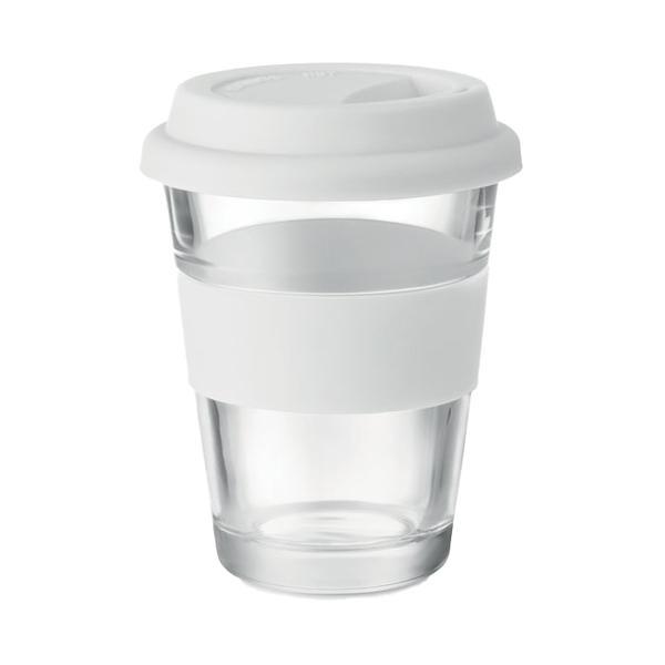Cana de voiaj din sticla, Piksel, 350 ml, cu capac si prindere din silicon, Alb