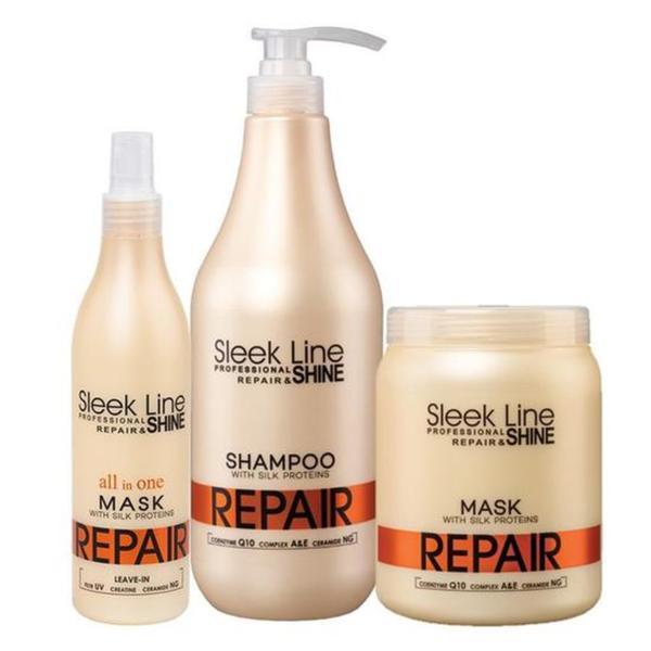 Set Cadou ingrijire par deteriorat si uscat Sleek Line, Sampon 1000 ml + Masca reparatoare 1000 ml + Masca All in One 300 ml