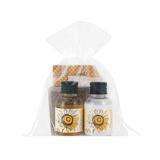 Set Cadou Cosmetice hotel Girasoli, 1 x Sampon si Gel de Dus 32 ml, 1 x Crema Corp 32 ml, 1 x Sapun 14 g, 1 x Casca de Dus, 1 x Minipliant prezentare. Ambalate in Saculet din Organza